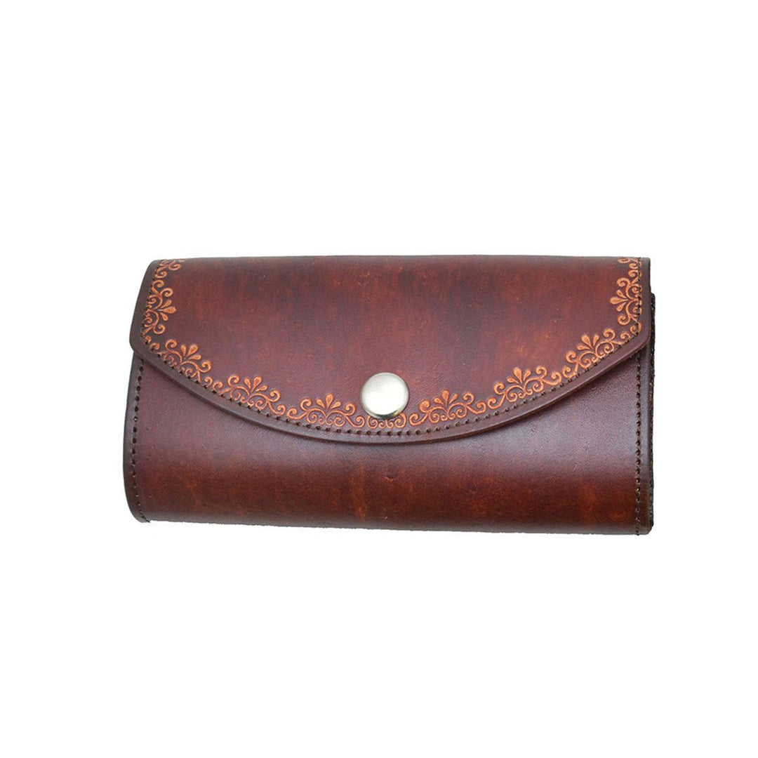 Antiqued Brown Genuine Leather Checkbook Organizer Wallet with Embossed Filigree