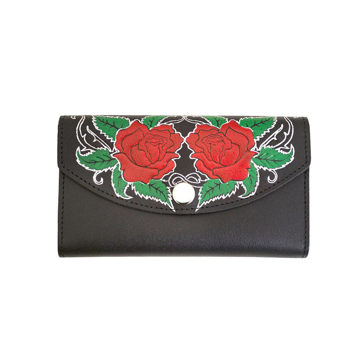 Black Genuine Leather Checkbook Organizer Wallet with Red Roses
