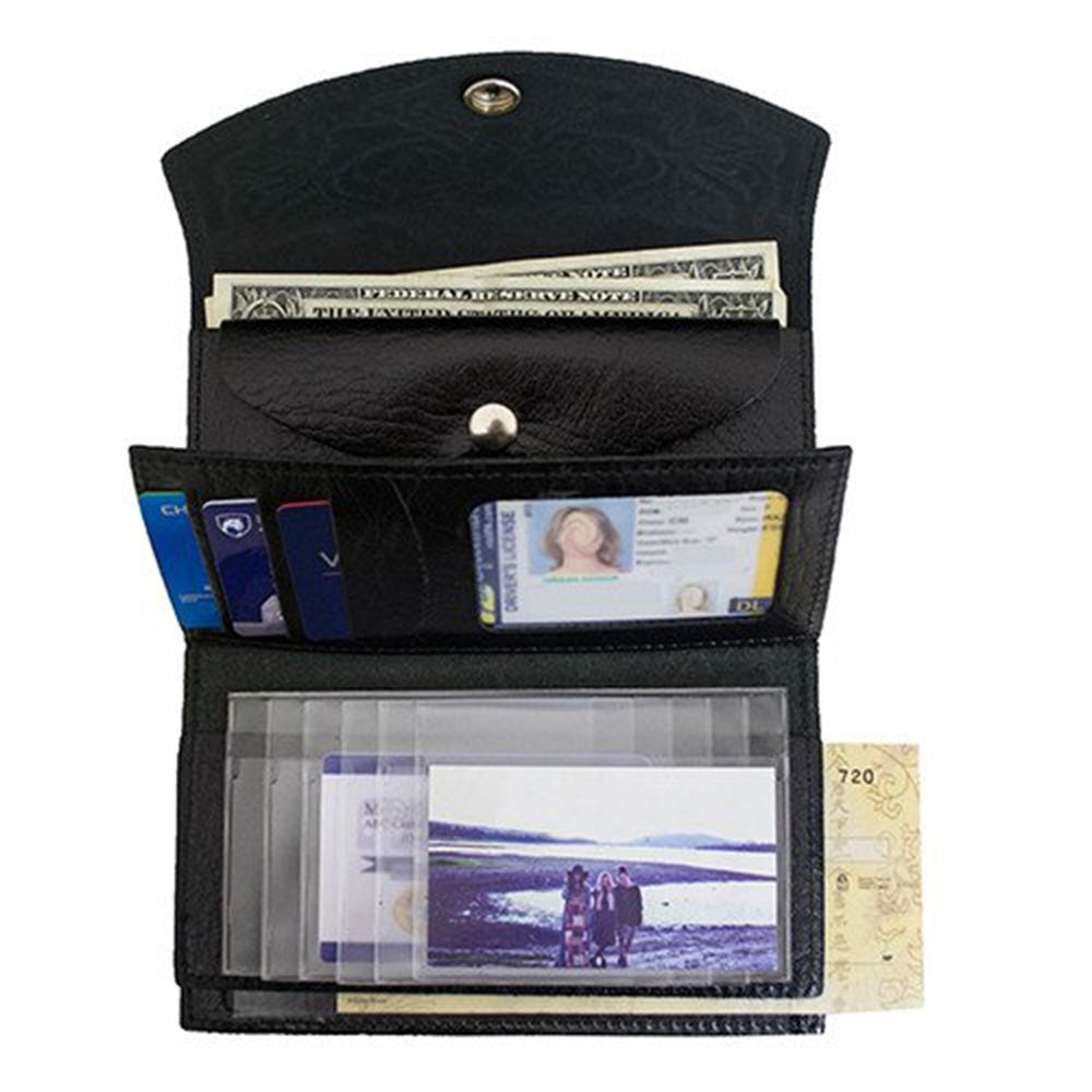 Black Genuine Leather Checkbook Organizer Wallet with Red Roses