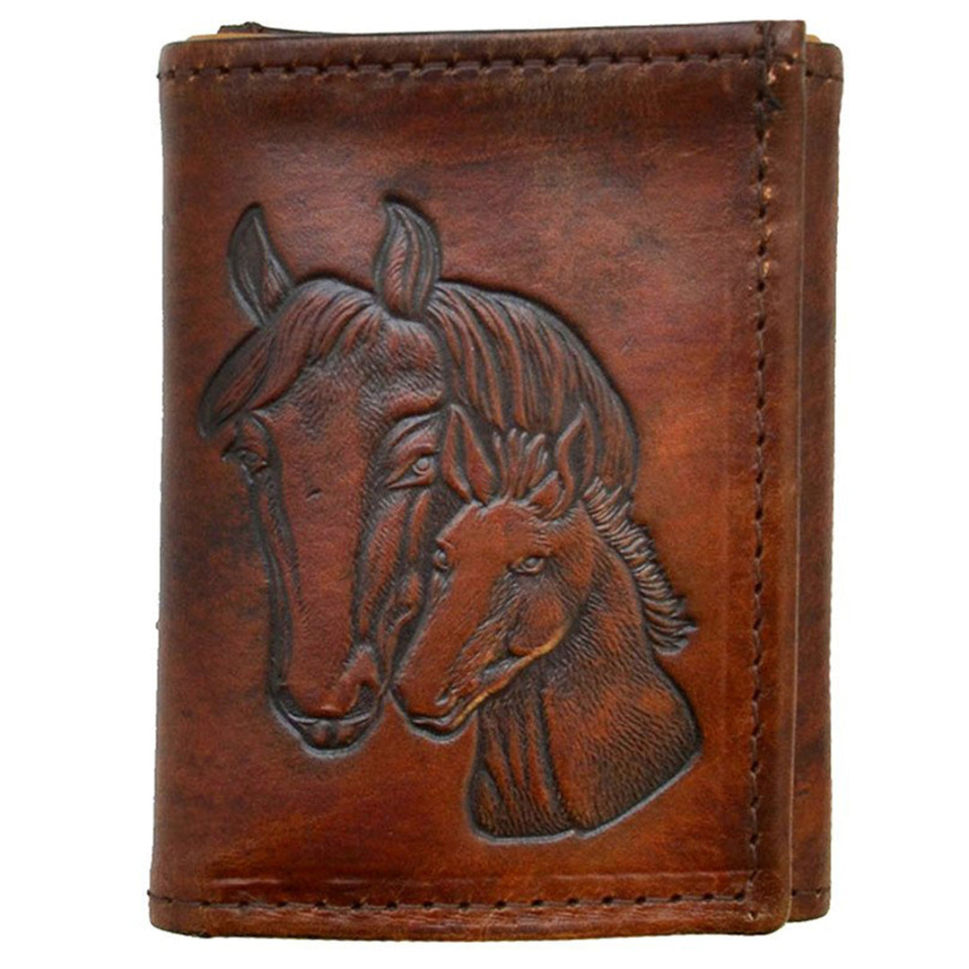 Antiqued Brown Genuine Leather Trifold Wallet with Embossed Horse Heads