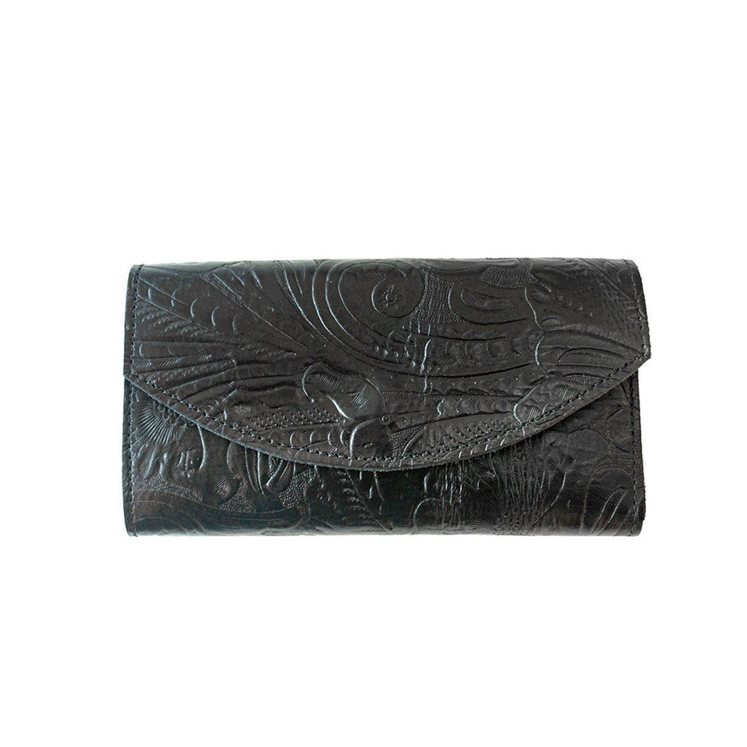 Black Genuine Leather Checkbook Organizer Wallet with Floral Tooling