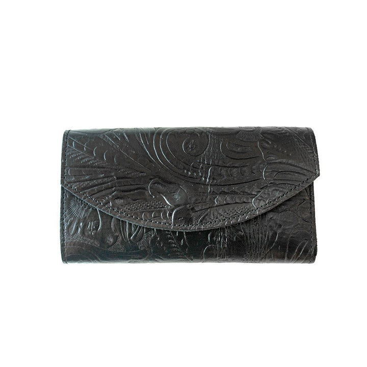 Black Genuine Leather Checkbook Organizer Wallet with Floral Tooling