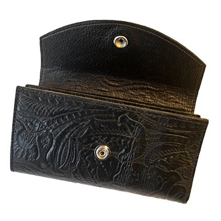 Black Genuine Leather Checkbook Organizer Wallet with Floral Tooling