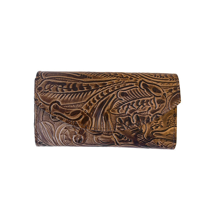 Brown Genuine Leather Checkbook Organizer Wallet with Floral Tooling