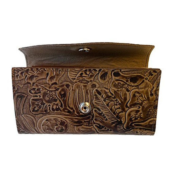 Brown Genuine Leather Checkbook Organizer Wallet with Floral Tooling