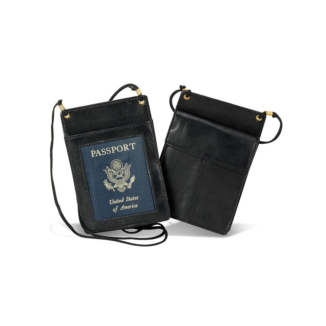 Black Leather Passport Holder with String Shoulder Strap