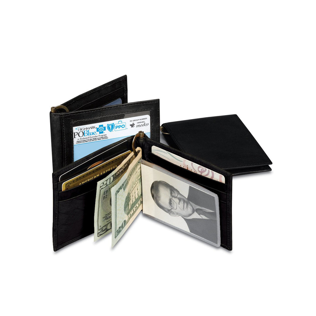 Black Leather Bifold Wallet with Money Clip - 2107