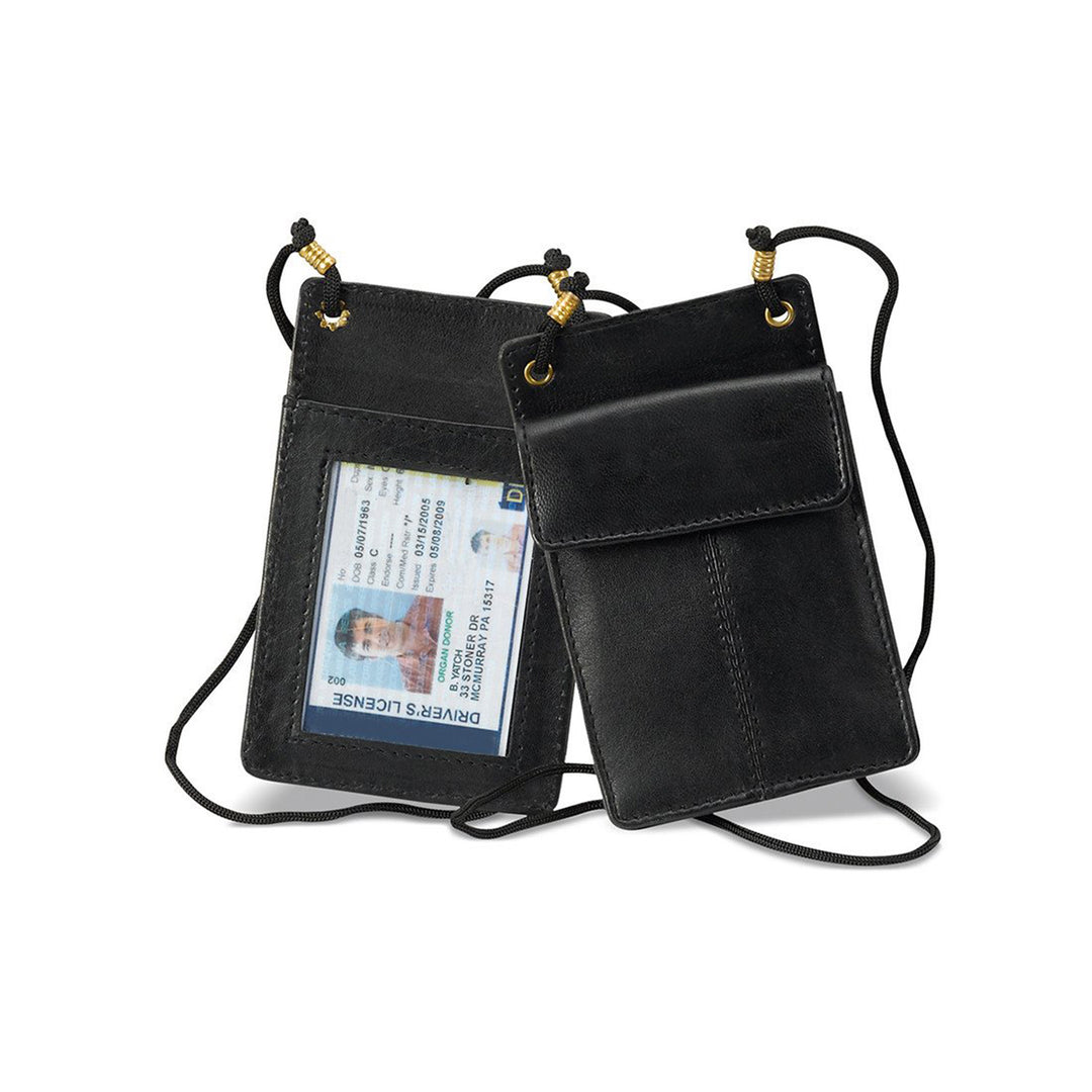 Black Leather ID Purse with String Shoulder Strap