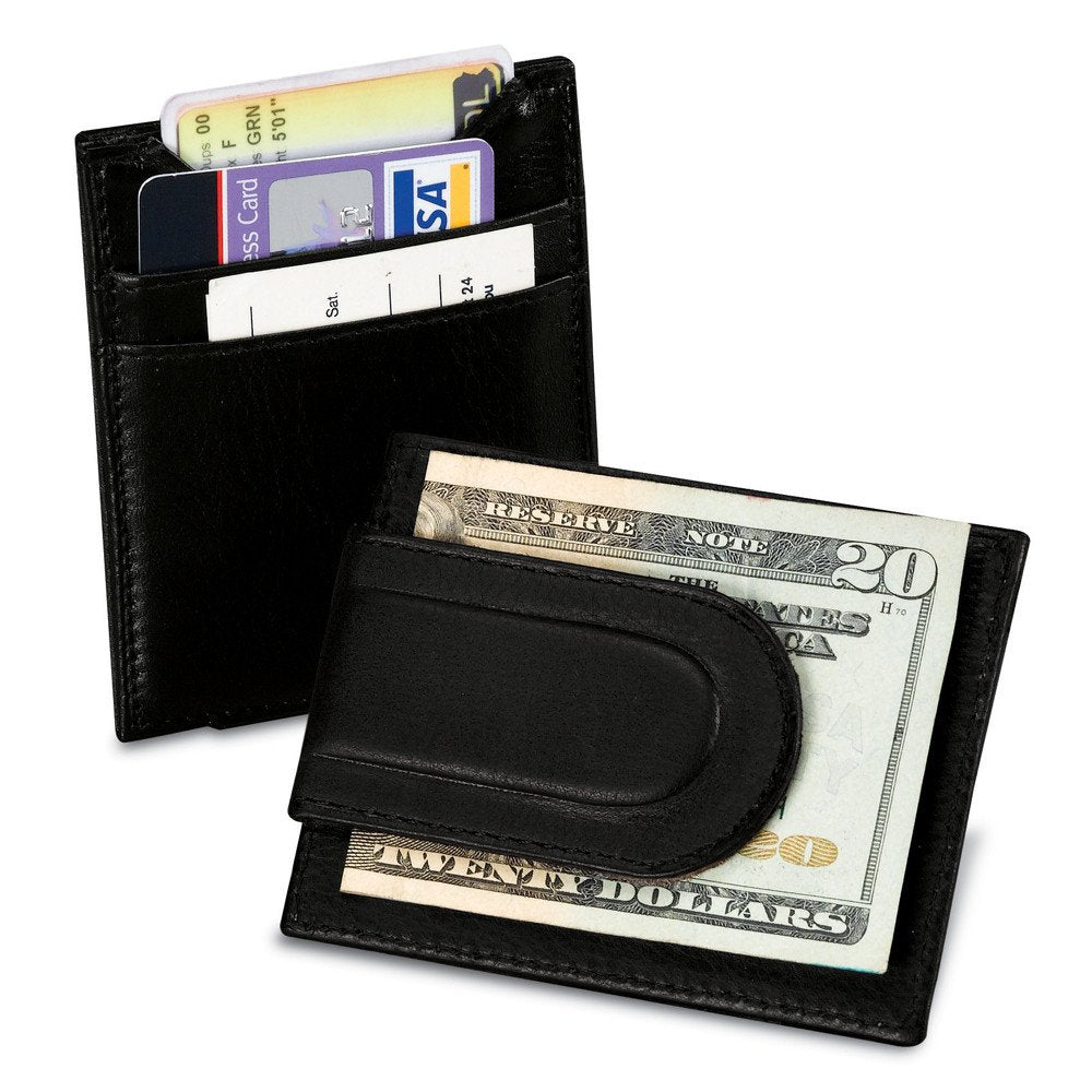 Black Leather ID / Card Holder with Magnetic Money Clip