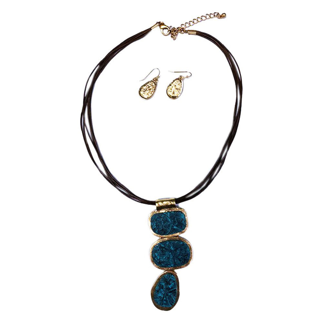Etched Geometric Pendant Necklace and Earrings Set