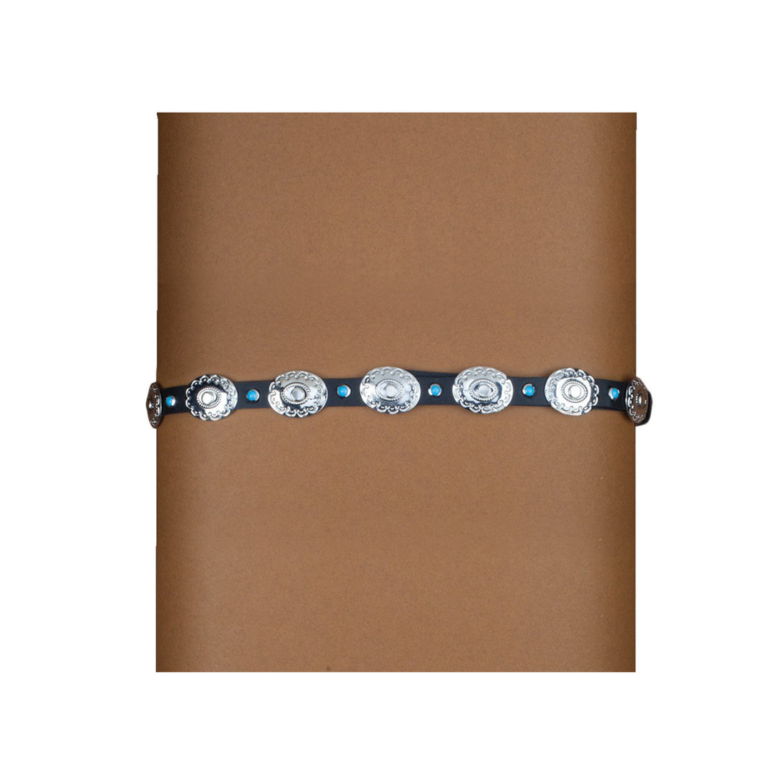 Black Leather Hatband with Silver Conchos &amp; Turquoise Beads