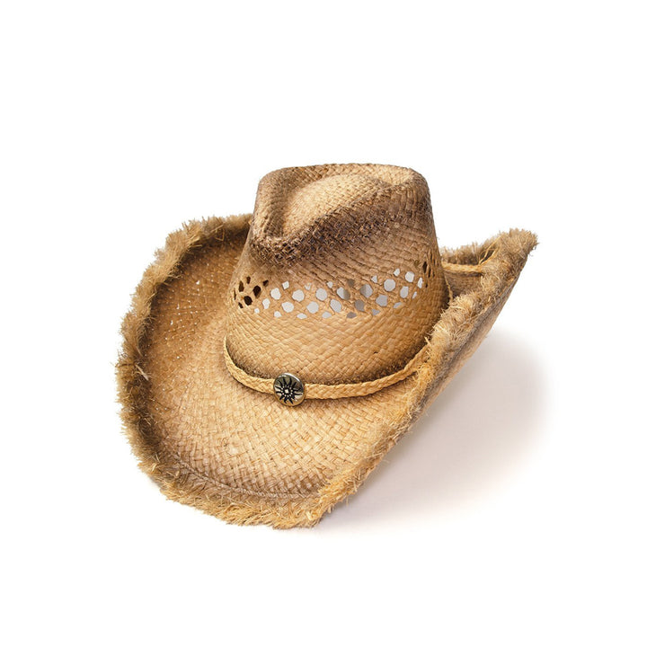 Raffia Straw Western Pinch Front Hat with Frayed Edge