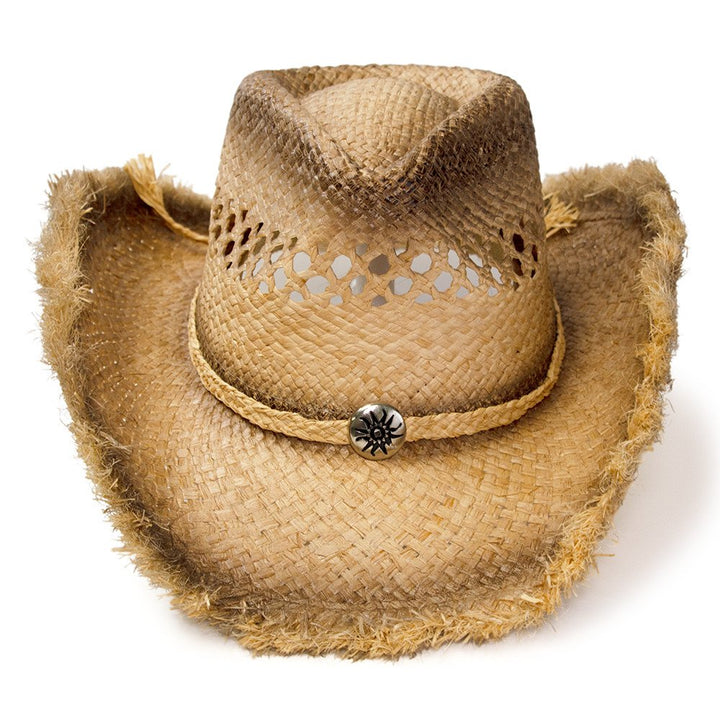 Raffia Straw Western Pinch Front Hat with Frayed Edge
