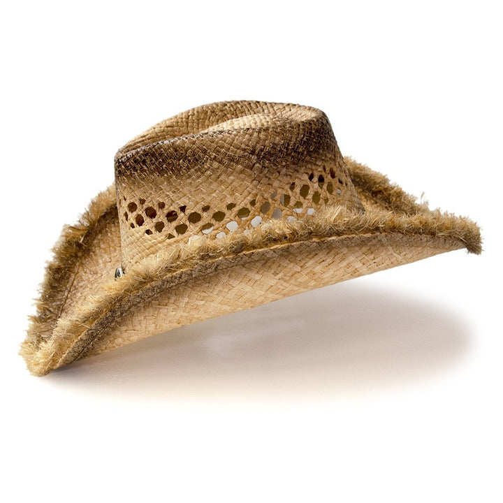 Raffia Straw Western Pinch Front Hat with Frayed Edge