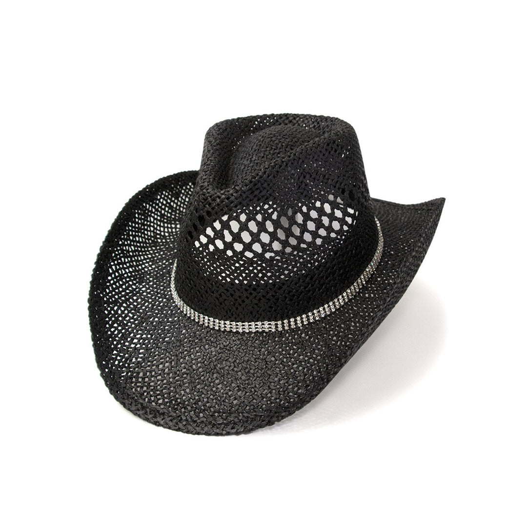Black Twisted Straw Western Pinch Front Hat with Rhinestone Hat Band