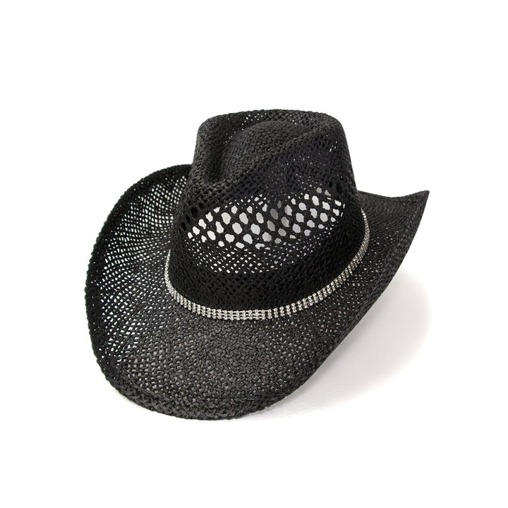 Black Twisted Straw Western Pinch Front Hat with Rhinestone Hat Band