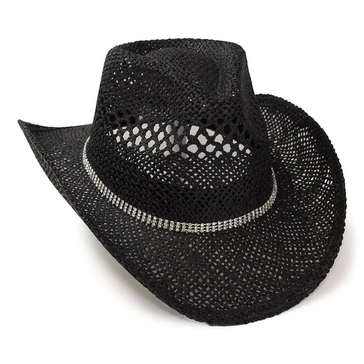Black Twisted Straw Western Pinch Front Hat with Rhinestone Hat Band
