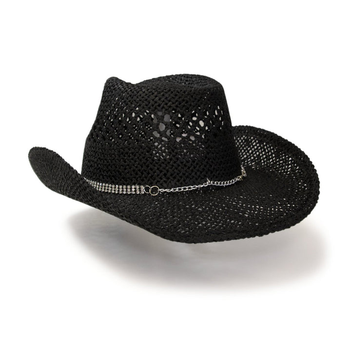 Black Twisted Straw Western Pinch Front Hat with Rhinestone Hat Band