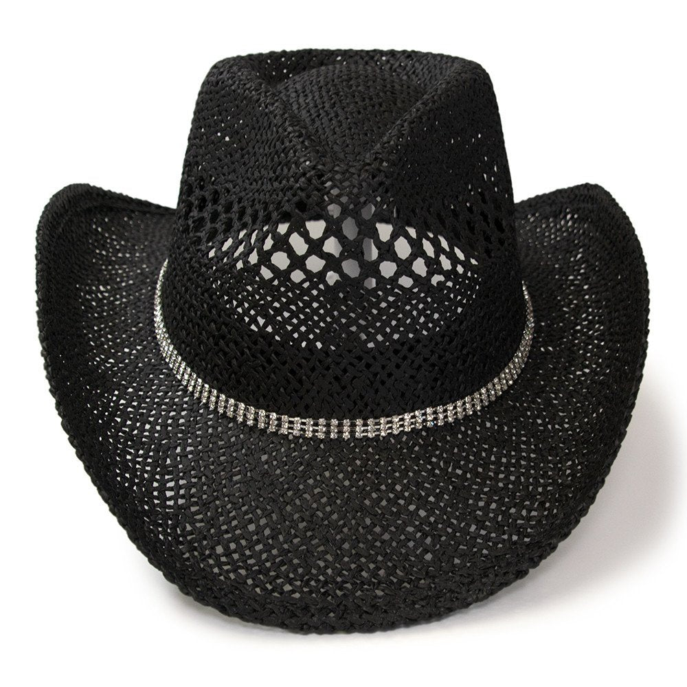 Black Twisted Straw Western Pinch Front Hat with Rhinestone Hat Band