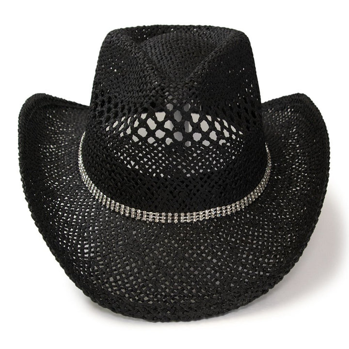 Black Twisted Straw Western Pinch Front Hat with Rhinestone Hat Band