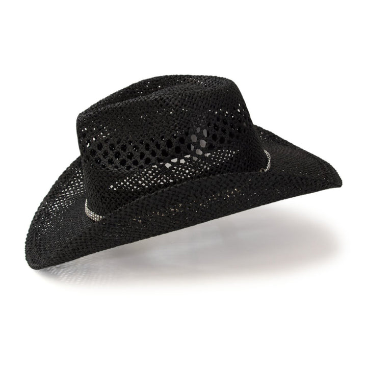 Black Twisted Straw Western Pinch Front Hat with Rhinestone Hat Band