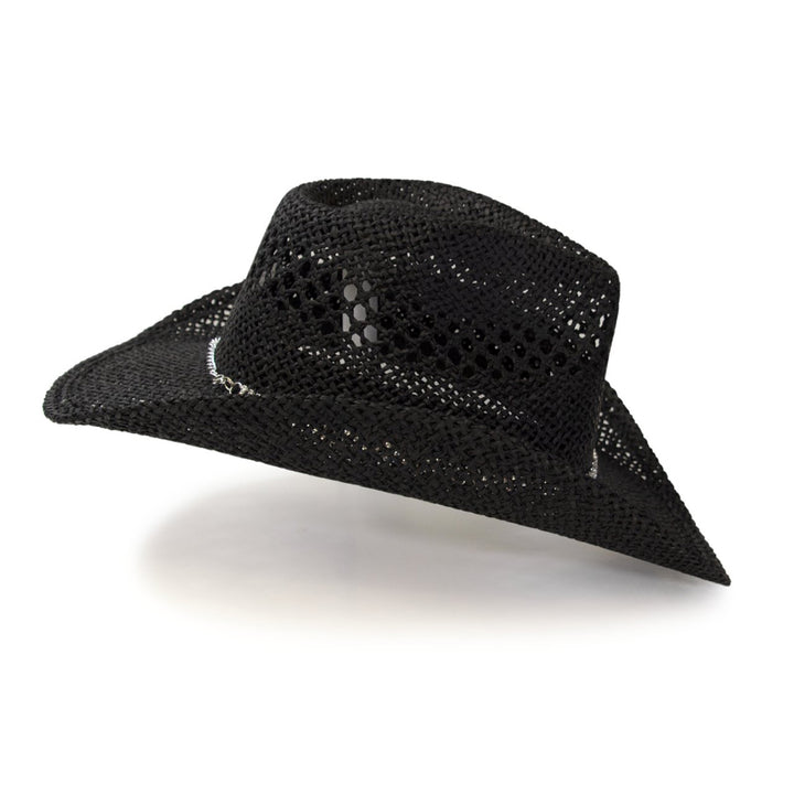 Black Twisted Straw Western Pinch Front Hat with Rhinestone Hat Band