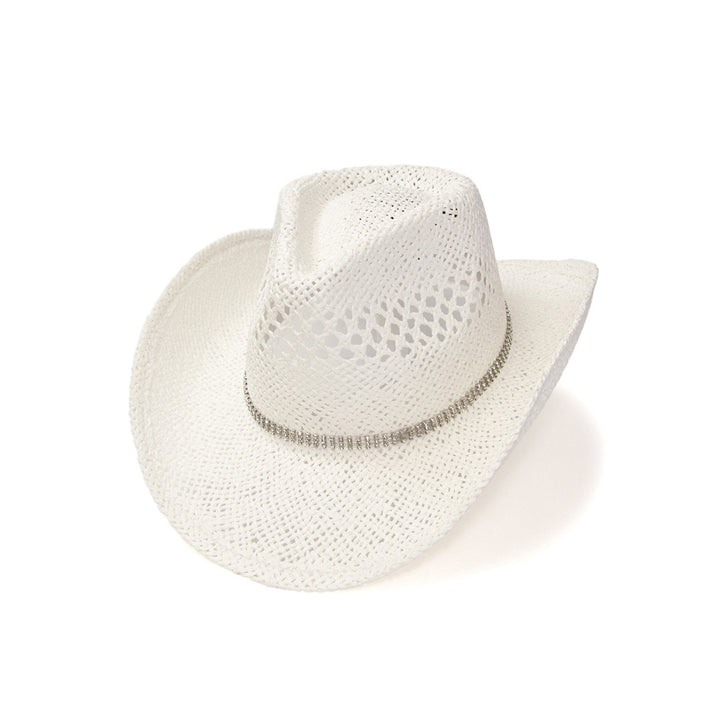White Twisted Straw Western Pinch Front Hat with Rhinestone Hat Band