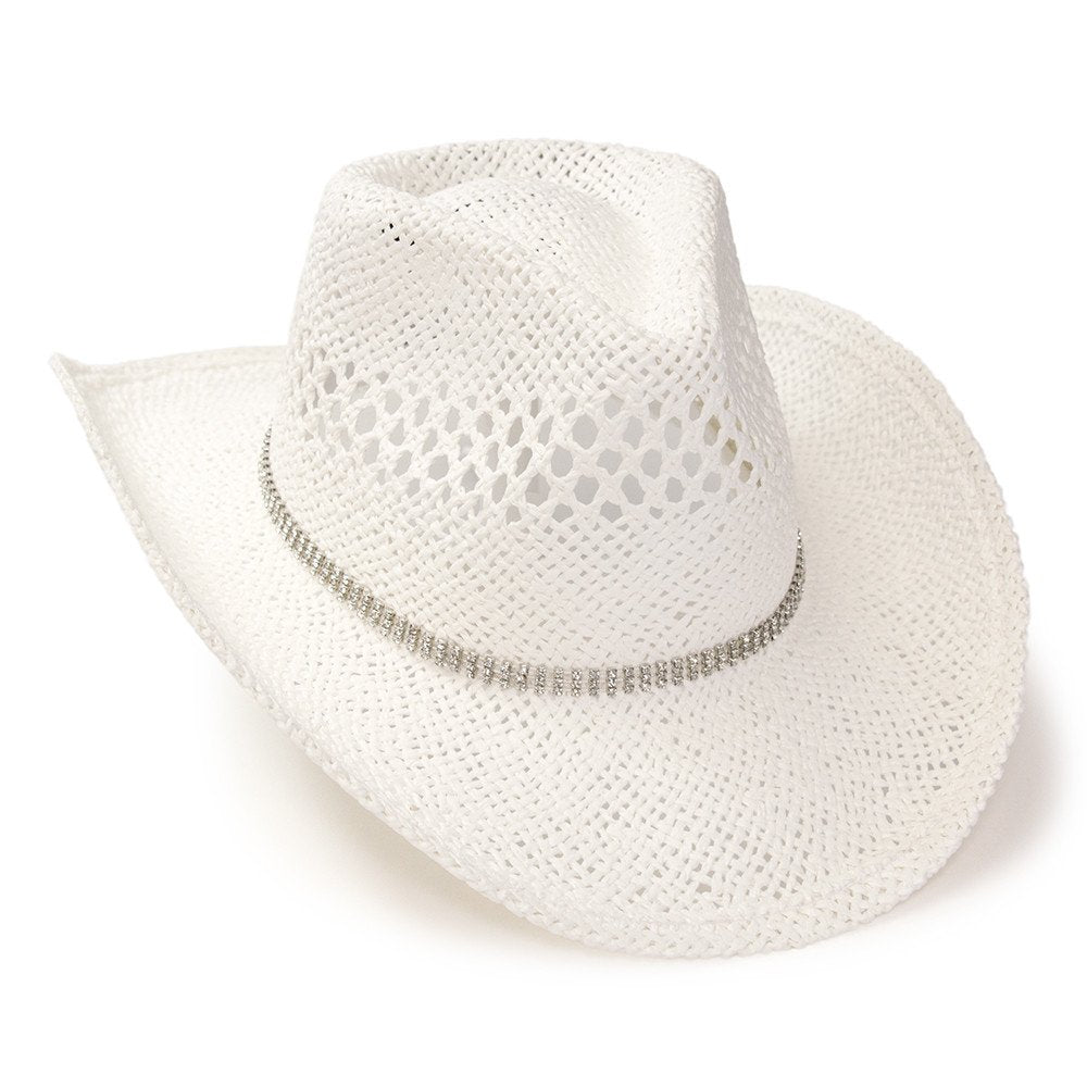 White Twisted Straw Western Pinch Front Hat with Rhinestone Hat Band