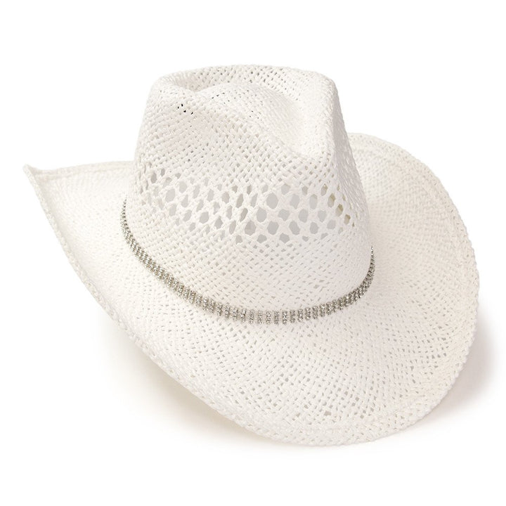 White Twisted Straw Western Pinch Front Hat with Rhinestone Hat Band