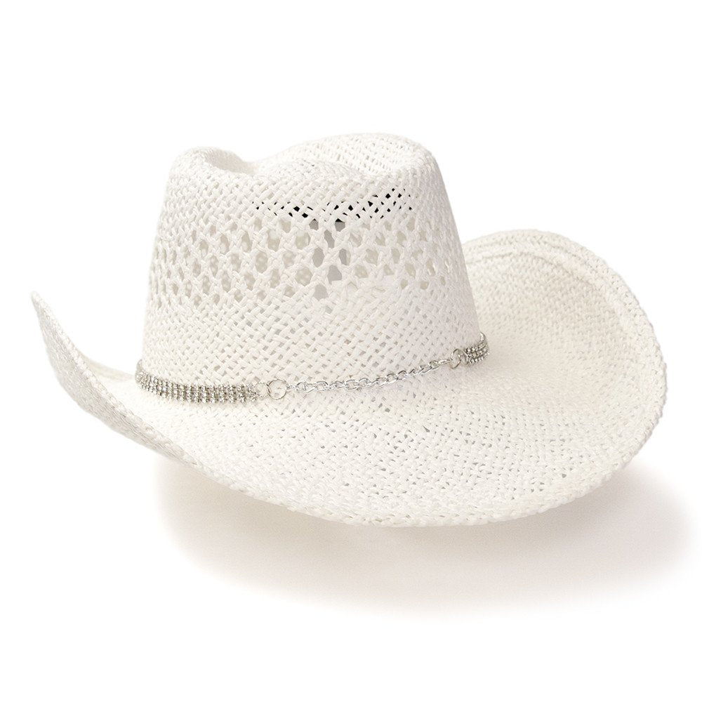 White Twisted Straw Western Pinch Front Hat with Rhinestone Hat Band