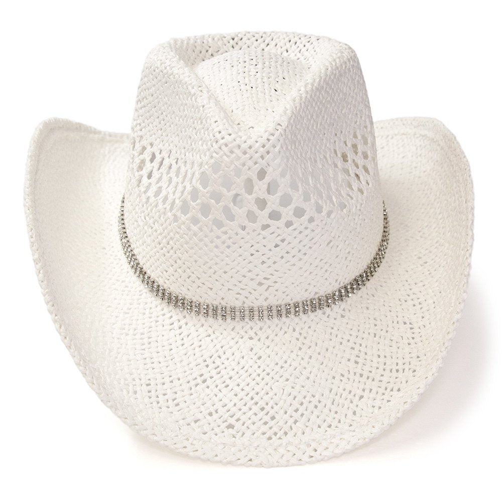 White Twisted Straw Western Pinch Front Hat with Rhinestone Hat Band