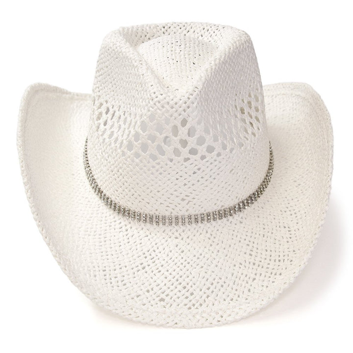 White Twisted Straw Western Pinch Front Hat with Rhinestone Hat Band