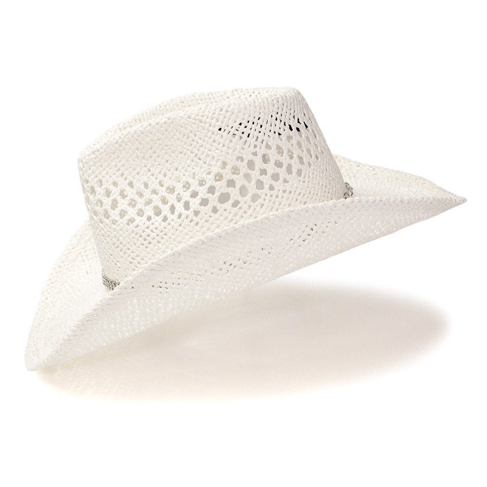 White Twisted Straw Western Pinch Front Hat with Rhinestone Hat Band
