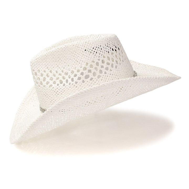White Twisted Straw Western Pinch Front Hat with Rhinestone Hat Band