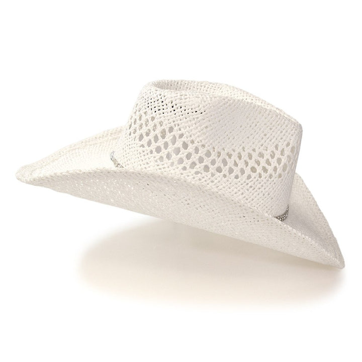 White Twisted Straw Western Pinch Front Hat with Rhinestone Hat Band