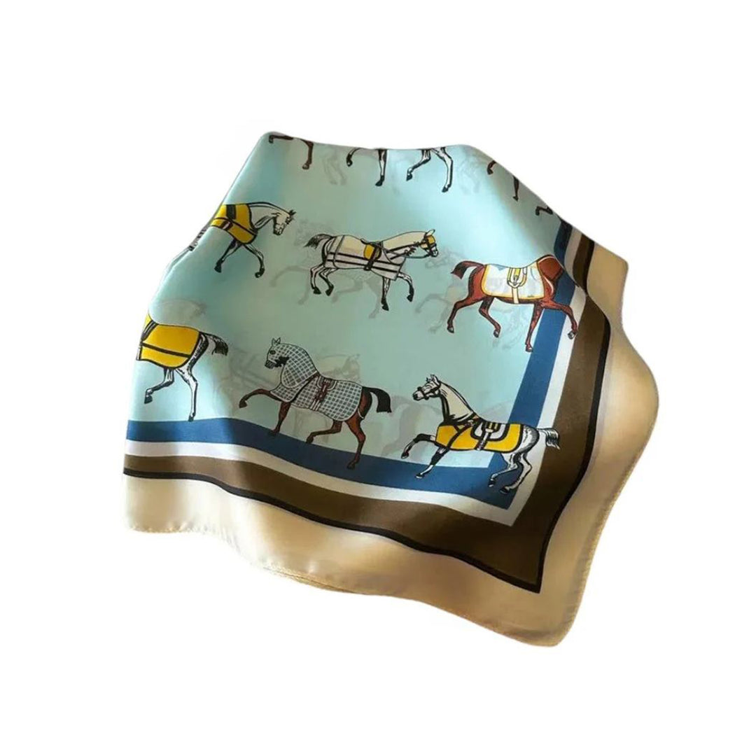 Equestrian Horse &amp; Tack Print Square Scarf - Turquoise