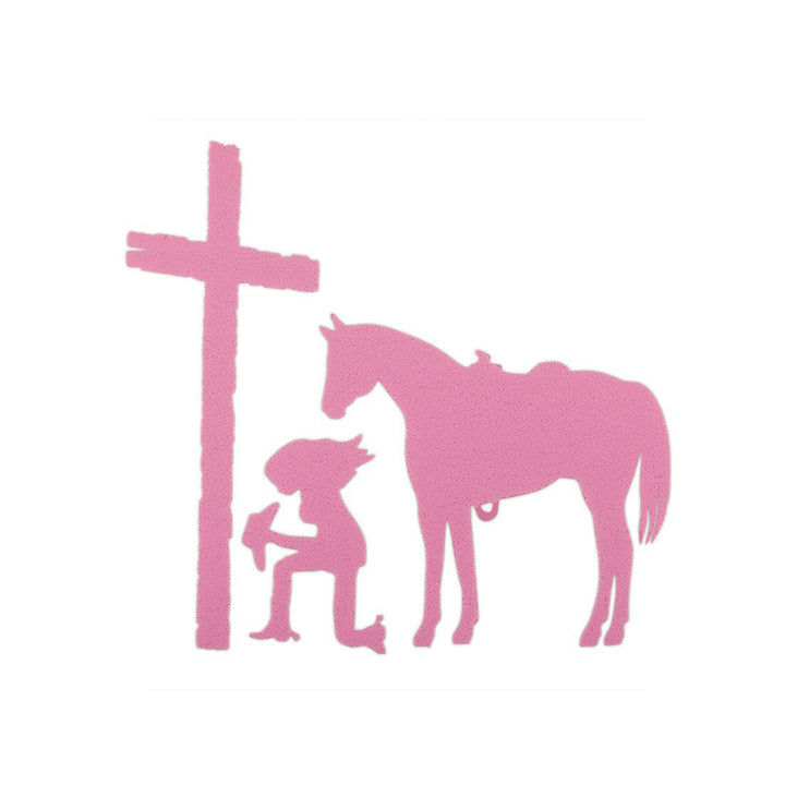 Pink Kneeling Cowgirl &amp; Horse at Cross Sticker