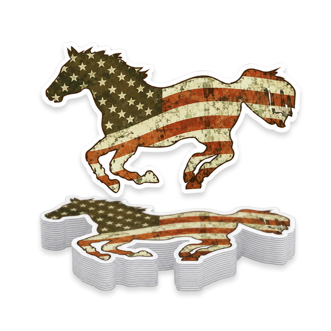 American Flag Running Horse Weather Resistant Die-Cut Sticker - 6 x 8 in