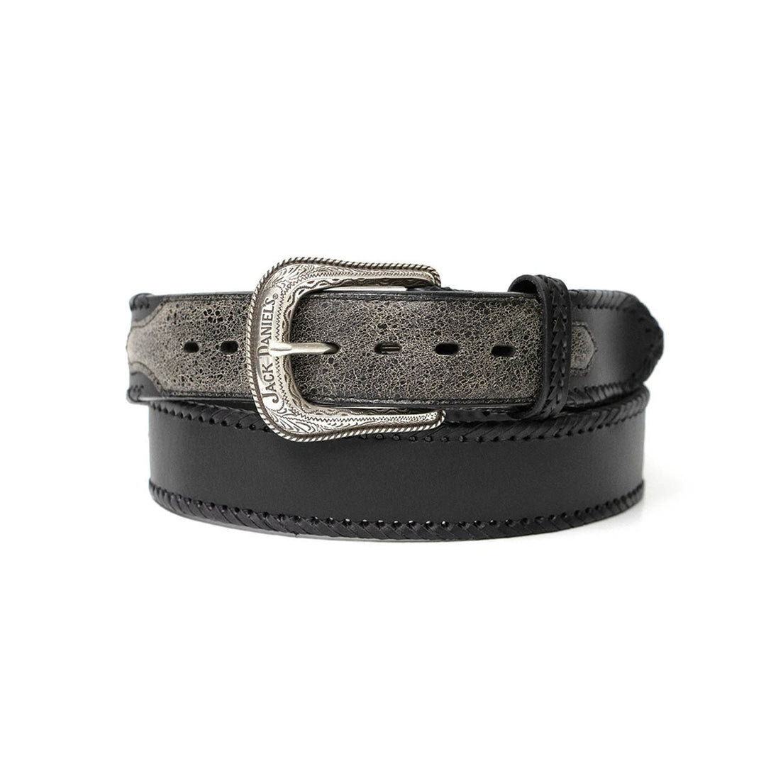 Black Leather Belt, Embroidered Overlay Laced Edge, Silver Plated JD silver - plated Buckle