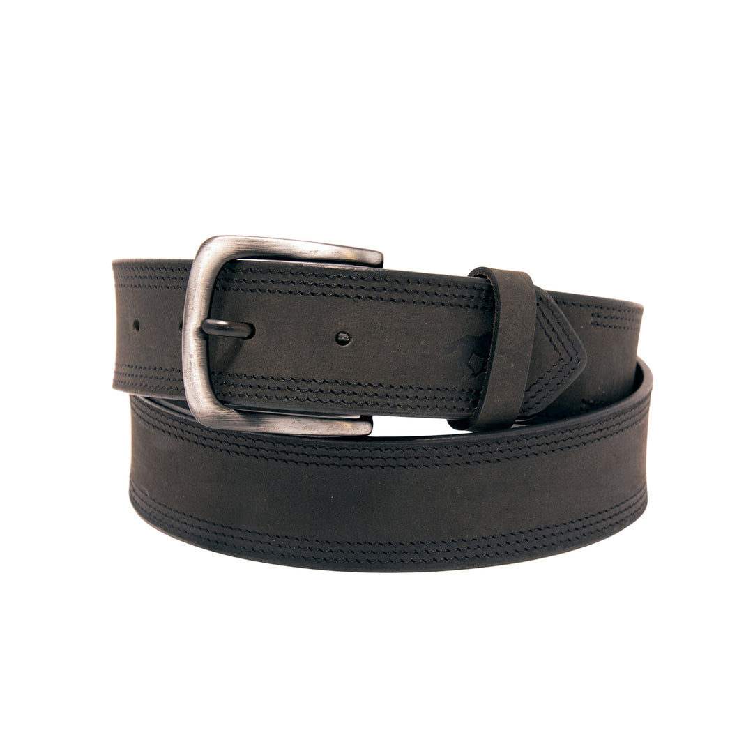 Core Western Top Grain Leather Belt, Double Stitch - Black