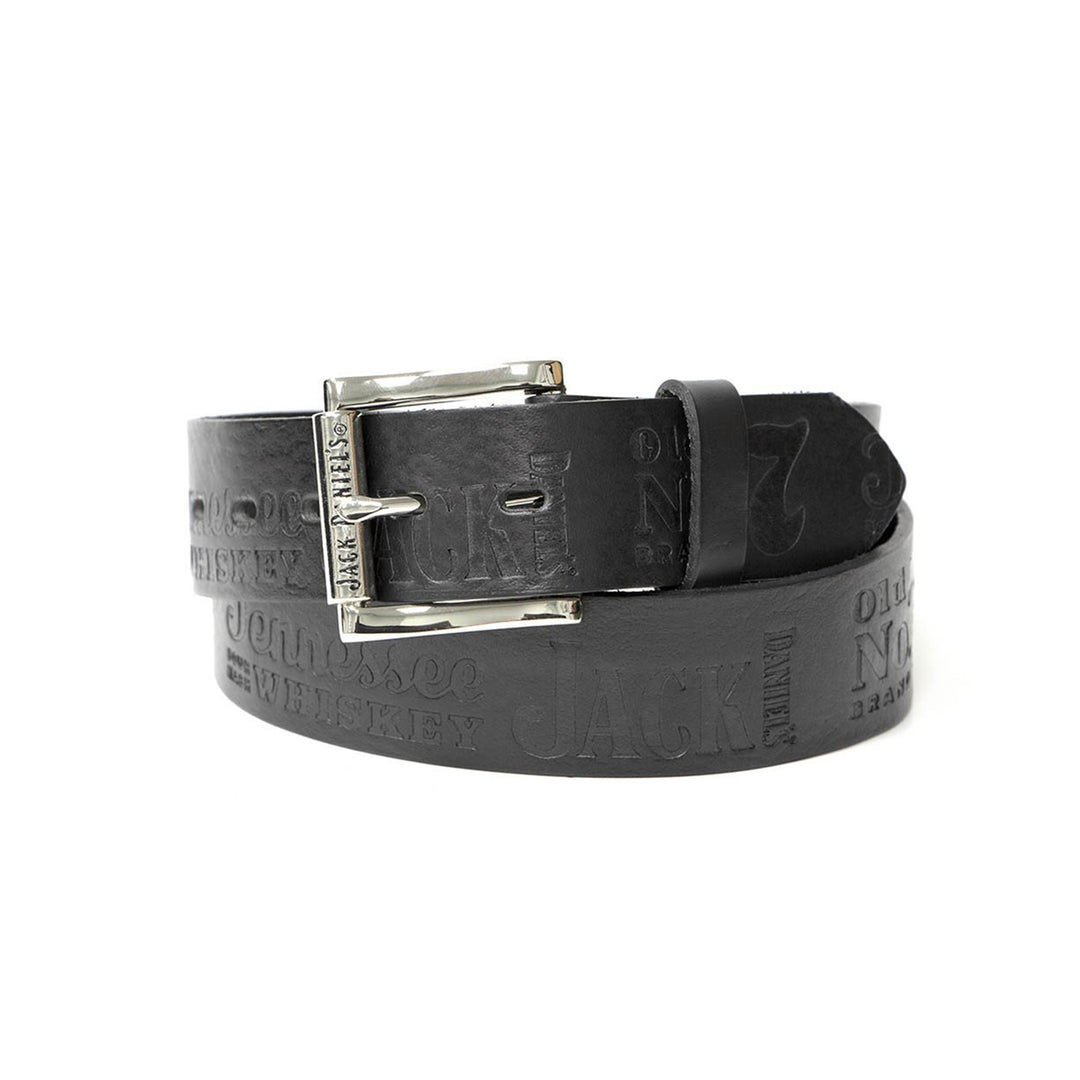Black Leather Belt, Contemporary Pattern Embossed Gunmetal, Silver Plated Jack Daniel&