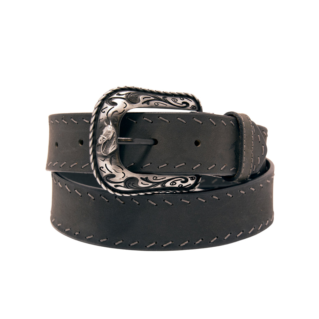 Western Top Grain Leather Belt, Diagonal Stitch - Black