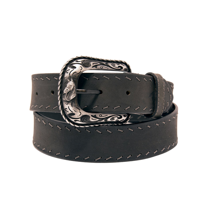 Western Top Grain Leather Belt, Diagonal Stitch - Black