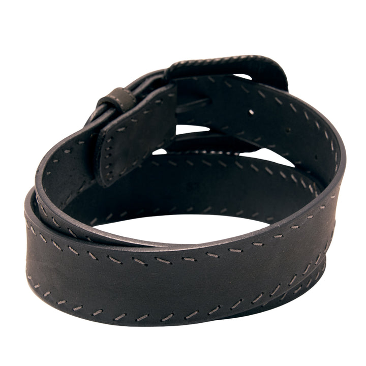 Western Top Grain Leather Belt, Diagonal Stitch - Black