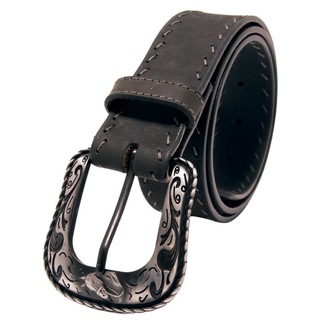Western Top Grain Leather Belt, Diagonal Stitch - Black