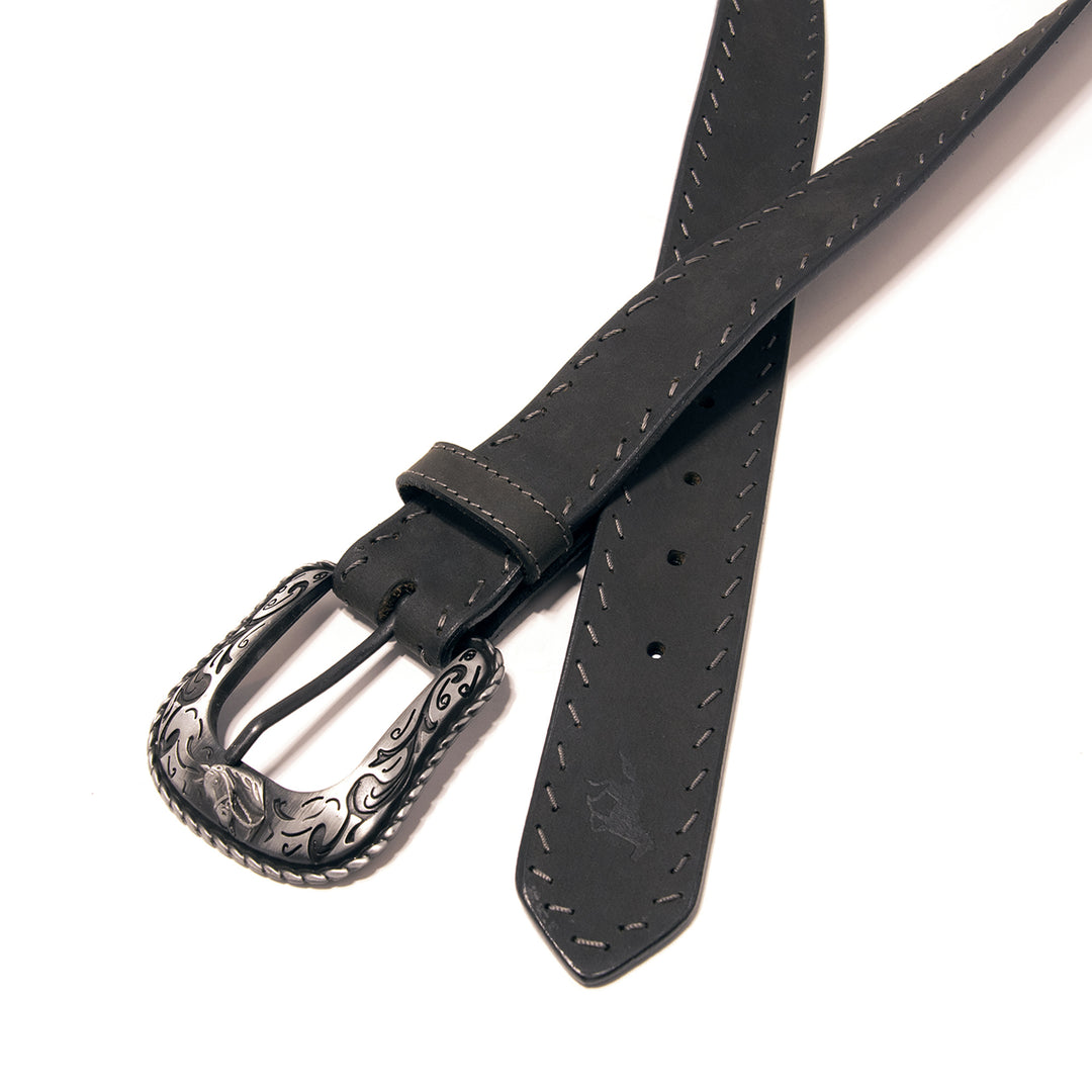 Western Top Grain Leather Belt, Diagonal Stitch - Black