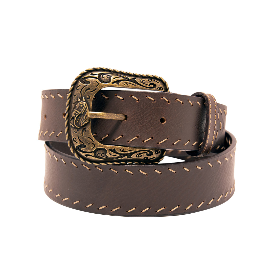 Western Top Grain Leather Belt, Diagonal Stitch - Brown
