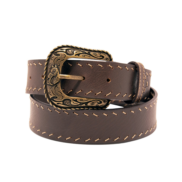 Western Top Grain Leather Belt, Diagonal Stitch - Brown