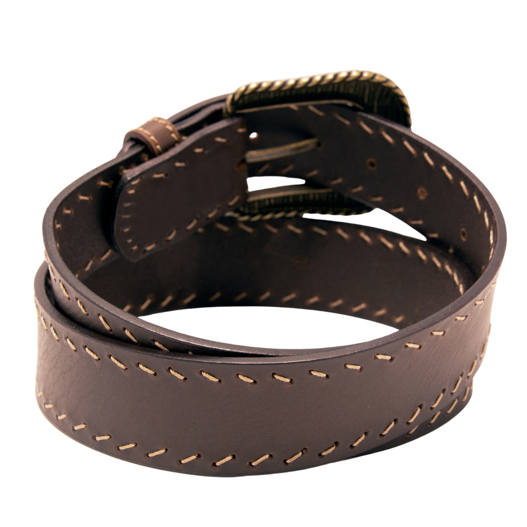 Western Top Grain Leather Belt, Diagonal Stitch - Brown
