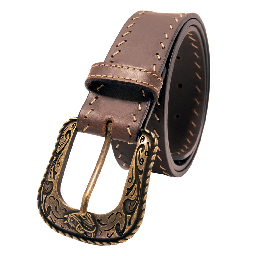 Western Top Grain Leather Belt, Diagonal Stitch - Brown
